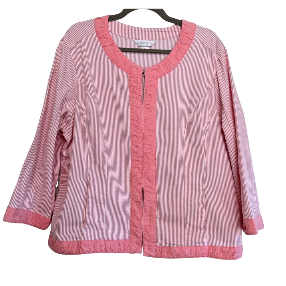 Y2K, Christopher & Banks Cotton Duck, Pink/White Stripe Ruched Trim Jacket Sz XL